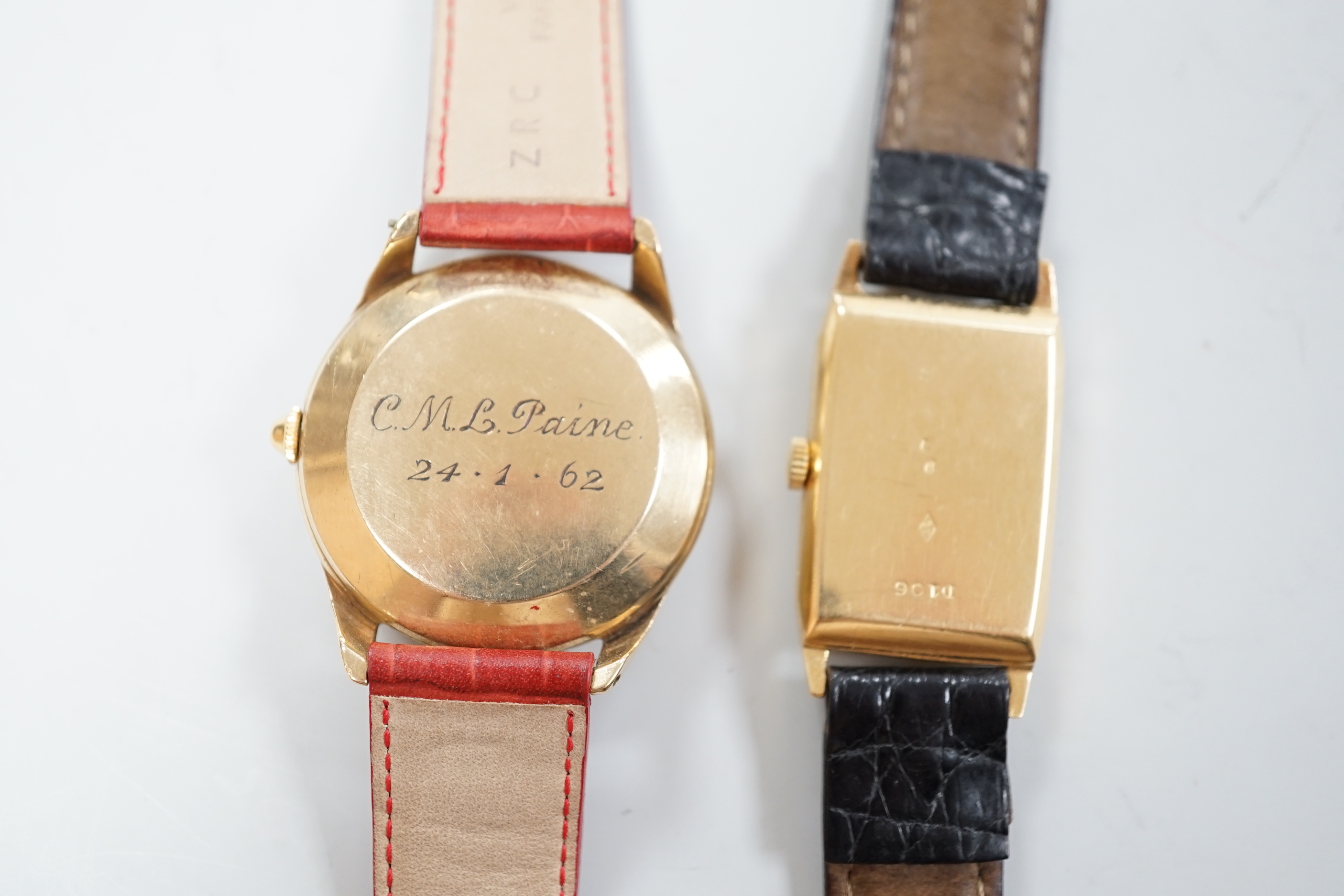 A gentleman's French yellow metal (18ct poincon mark) rectangular manual wind wrist watch, on a leather strap, together with a gentleman's 9ct gold Certina automatic wrist watch.